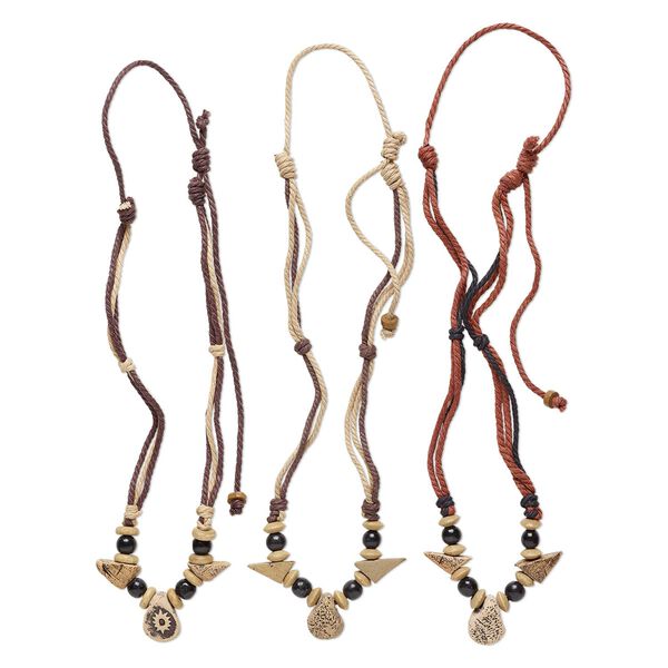 Necklace mix, ceramic / wood / cotton (dyed), multicolored, 12x12mm-60x34mm multi-shape, adjustable from 16-28 inches with macram&eacute; knot. Sold per pkg of 3. image number 0