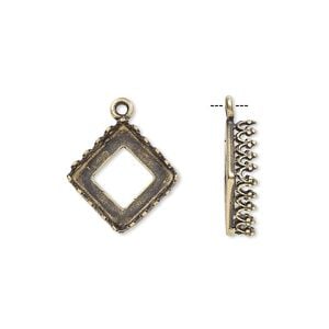 Drop, JBB Findings, antiqued brass, 12mm square with open back and decorative trim with 10mm square bezel setting. Sold individually.