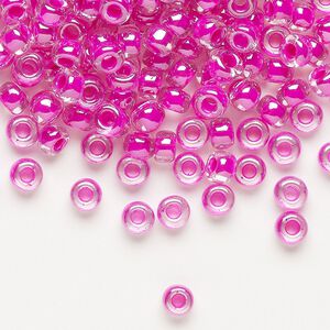 Seed bead, Miyuki, glass, pkg/25g, #6 rocaille, translucent fuchsia-lined luster crystal clear (RR-209).