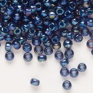 Seed bead, Miyuki, glass, pkg/25g, #6 rocaille, translucent night sky-lined luster crystal clear (RR-3539).