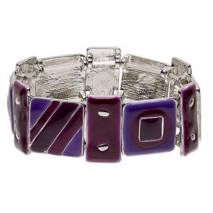 Bracelet, stretch, enamel and silver-plated "pewter" (zinc-based alloy), purple and plum, 23mm wide with square and rectangle, 6-1/2 to 7 inches. Sold individually.