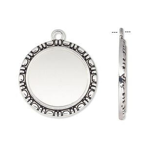 Drop, antique silver-finished "pewter" (zinc-based alloy), 24mm round with rope edge and 18mm round setting. Sold per pkg of 6.