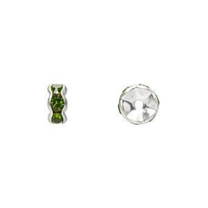 Bead 1pkg10 silver-plated, 7x3mm rondelle, brass / peridot green rhinestone
