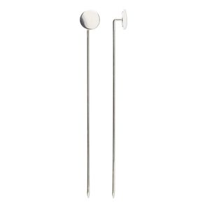 Stick pin 1pkg10 silver-finished, 2.75 inch / 8mm round flat pad, 18 gauge brass