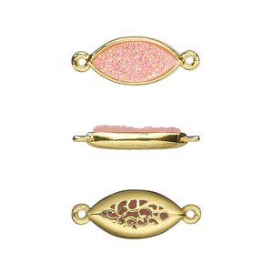 Link, Druzylite&trade;, "druzy" (resin) and gold-finished brass, pink, 16x8mm two-sided marquise with open filigree back. Sold per pkg of 4.