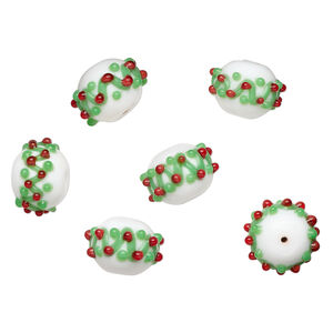 Bead, lampworked glass 1pkg6, opaque white / green / red, 18x13mm bumpy rondelle.