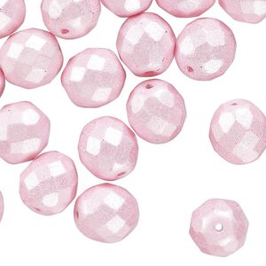 Czech fire-polished glass 1pkg40, faceted round bead dipped d&eacute;cor opaque pearlescent light pink 10mm