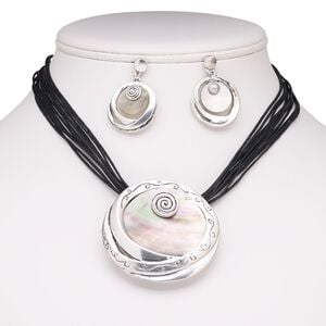 Necklace and earring set, Everyday Jewelry, 6-strand, black lip shell (natural) / waxed cotton cord / stainless steel / antique silver-plated steel / "pewter" (zinc-based alloy), black, 52mm round, 16 inches with 2-inch extender chain and lobster claw clasp, 37mm earrings with post. Sold per set.