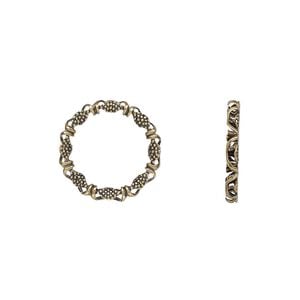 Component, antique brass-plated brass, 16mm open round with beaded and wrapped design, 12mm hole. Sold per pkg of 10.