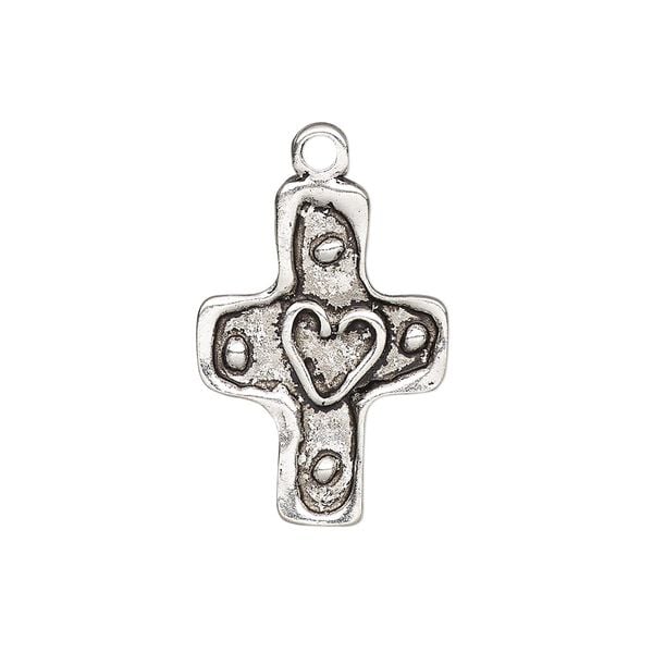 Drop, antique silver-plated "pewter" (zinc-based alloy), 25x18mm single-sided cross with heart and dots design. Sold per pkg of 2. image number 0