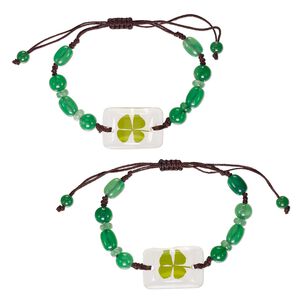 Bracelet, resin / 4-leaf clover / cotton, green / clear / brown, 8mm round / 10x7mm oval / 28x19mm domed rectangle, adjustable from 5-9 inches with macram&eacute; knot closure. Sold per pkg of 2.