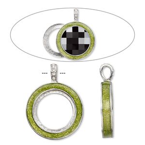 Pendant, Almost Instant Jewelry&reg;, epoxy / crystals / imitation rhodium-finished "pewter" (zinc-based alloy), peridot green and crystal clear with glitter, 45x35mm single-sided with 30mm round setting. Sold individually.