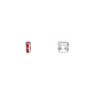 Bead 1pkg10 silver-plated, 4x2mm squaredelle, brass / red rhinestone