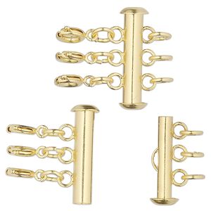 Clasp slide lock 1pkg10, 21x6mm round tube / 5mm jumpring / springring, gold-finished brass 3-strand