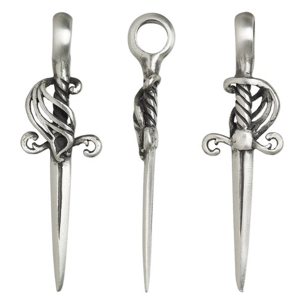 Pendant, Powerful Pewter Pendants, antiqued pewter (tin-based alloy), 58x18mm 3D dagger. Sold individually. image number 0
