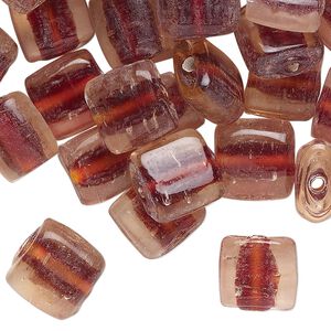 Bead, lampworked glass, translucent clear, purple and orange, 11mm flat square. Sold per pkg of 50.