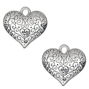 Charm, antique silver-plated "pewter" (zinc-based alloy), 28x24mm single-sided domed heart with swirl design. Sold per pkg of 2.