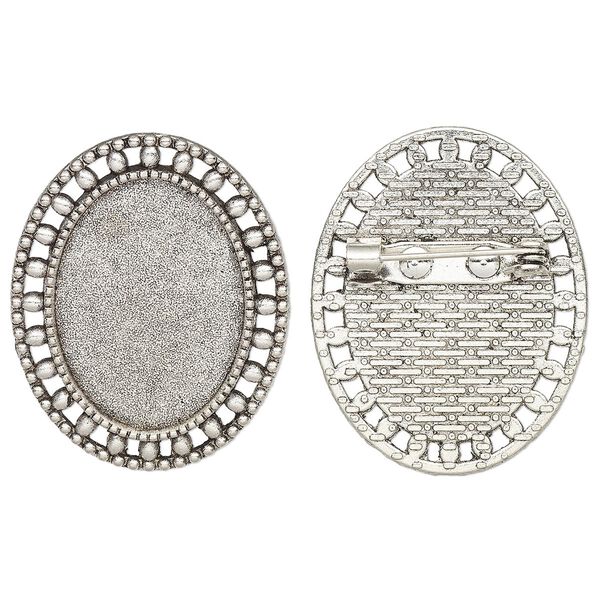 Brooch back, glue-in, antique silver-finished "pewter" (zinc-based alloy), 33x26.5mm single-sided oval with beaded edge with 25x18mm oval setting. Sold per pkg of 2. image number 0