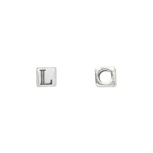 Bead 1pkg1 sterling silver, 5.5mm cube / letter L, antiqued Dione&reg;