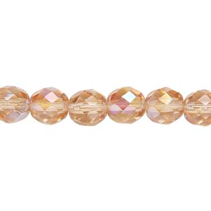 Bead, Czech fire-polished glass, light rose AB, 8mm faceted round. Sold per 15-1/2" to 16" strand.