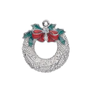 Charm, silver-plated "pewter" (zinc-based alloy) and enamel, red and green, 23x22mm single-sided fancy wreath with bow, holly leaves and glitter. Sold individually.