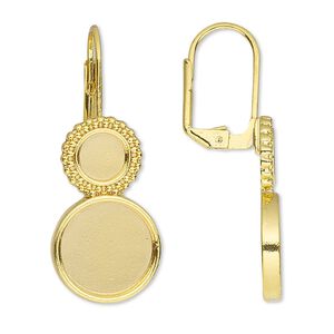 Ear wire leverback 1pkg10 Almost Instant Jewelry&reg;, 37mm / 6mm and 12mm flat back round glue-in setting, gold-finished brass 5 pair