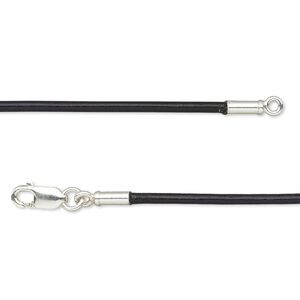 Necklace cord, Ellada Leather&trade;, Greek leather (dyed) and sterling silver, black, 1.5mm round, 18 inches with lobster claw clasp. Sold individually.