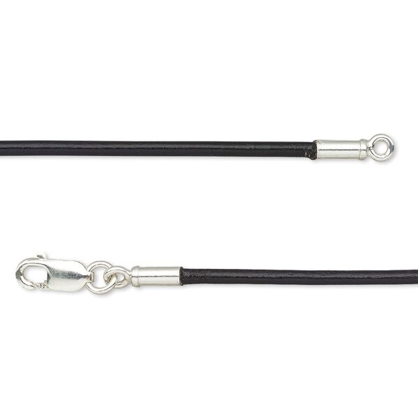 Necklace cord, Ellada Leather&trade;, Greek leather (dyed) and sterling silver, black, 1.5mm round, 18 inches with lobster claw clasp. Sold individually. image number 0