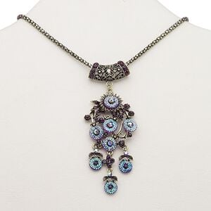 Necklace, resin / glass rhinestone / antique brass-plated steel / "pewter" (zinc-based alloy), peacock AB and dark purple, 4-1/4 inch dangle with floral design, 18 inches with 2-inch extender chain and lobster claw clasp. Sold individually.
