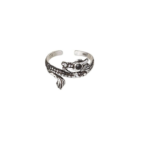 Toe ring, Create Compliments&reg;, antiqued sterling silver and crystal, black, 10.5mm wide with dragon design, adjustable. Sold individually. image number 0