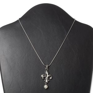 Necklace, glass rhinestone / acrylic pearl / imitation rhodium-finished "pewter" (zinc-based alloy), clear, 40x25mm fleur-de-lis, 16 inches with 3-inch extender chain and lobster claw clasp. Sold individually.