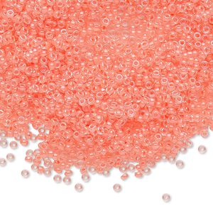 Seed bead, Miyuki, glass, pkg/35g, #15 rocaille, translucent luminous inside dyed color flamingo, (RR-1122).