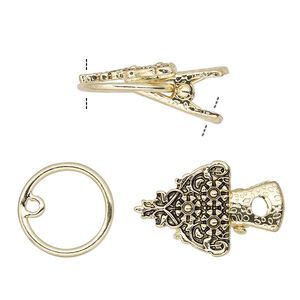 Clasp alligator clip 1pkg1 gold-finished "pewter" (zinc alloy), 20x20mm fancy triangle, antique steel 1-strand