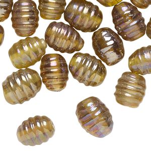 Bead, glass, translucent iridescent tan, 11x8mm-12x9mm ribbed oval. Sold per pkg, 50 beads.