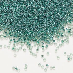 Seed bead, Miyuki, glass, pkg/250g, #15 rocaille, translucent forest green-lined luster crystal clear (RR-217).
