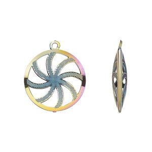 Drop, electro-coated stainless steel, rainbow, 18mm double-sided domed round with textured cut-out swirl design. Sold per pkg of 6.