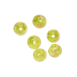 Bead, lampworked glass, clear / peridot green / glow-in-the-dark / gold, 8mm round. Sold per pkg of 6.