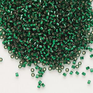 Seed bead, Delica&reg;, glass, pkg/7.5g, #11 round, transparent silver-lined emerald (DB-0148).