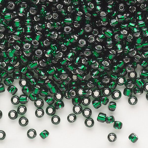 Seed bead, Dyna-Mites&trade;, glass, silver-lined translucent dark green, #8 round. Sold per 40-gram pkg. image number 0