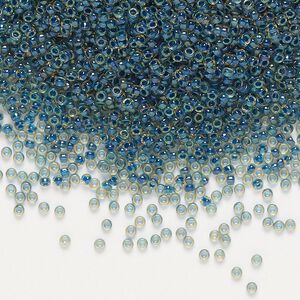 Seed bead, Miyuki, glass, pkg/250g, #15 rocaille, translucent midnight blue-lined luster topaz (RR-1826).