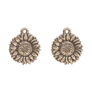 Charm, TierraCast&reg;, antique copper-plated pewter (tin-based alloy), 15mm double-sided sunflower. Sold per pkg of 2.