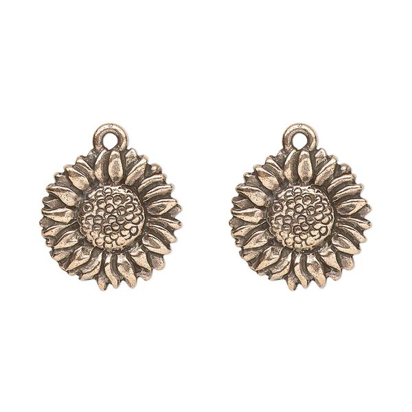 Charm, TierraCast&reg;, antique copper-plated pewter (tin-based alloy), 15mm double-sided sunflower. Sold per pkg of 2. image number 0