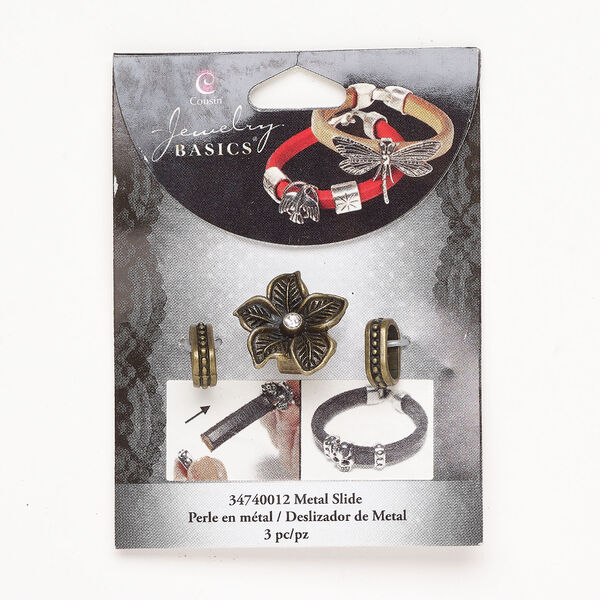 Bead assortment, slider 1pkg3, antique brass-finished "pewter" (zinc alloy) and acrylic, clear, 13x5mm beaded oval rondelle and 22x21mm flower. image number 0