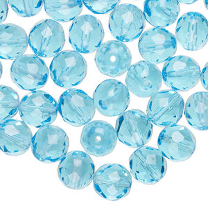 Bead, Czech fire-polished glass 1pkg50, translucent light turquoise blue, 8mm faceted round.