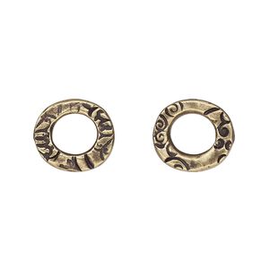 Component, TierraCast&reg;, "Vida Mas Dulce" collection, antique brass-plated pewter (tin-based alloy), 13x12mm uneven open round with flora design and 7mm hole. Sold per pkg of 4.