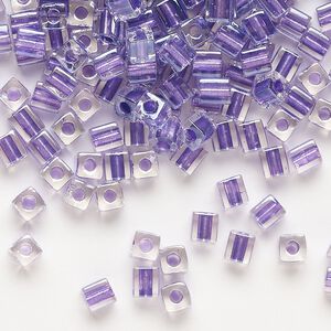 Seed bead, Miyuki, glass, pkg/250g, 3.5-3.7mm square, transparent clear inside dyed color metallic purple (SB-2607).