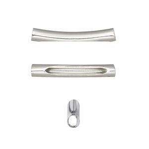 Bead 1pkg10 imitation rhodium-finished, 25x4mm curved tube / oval cutout, brass