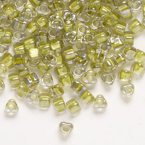 Seed bead, Miyuki 1pkg10g, glass, #5 triangle, transparent yellow-green inside dyed color clear (TR-1125)