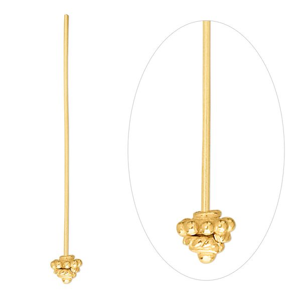 Head pin 1pkg2 gold-plated sterling silver, 1.5 inch / 4mm beaded cap, 21 gauge "vermeil" image number 0