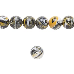 Bead, resin, black / white / dark yellow, 8mm round. Sold per 15-1/2" to 16" strand.